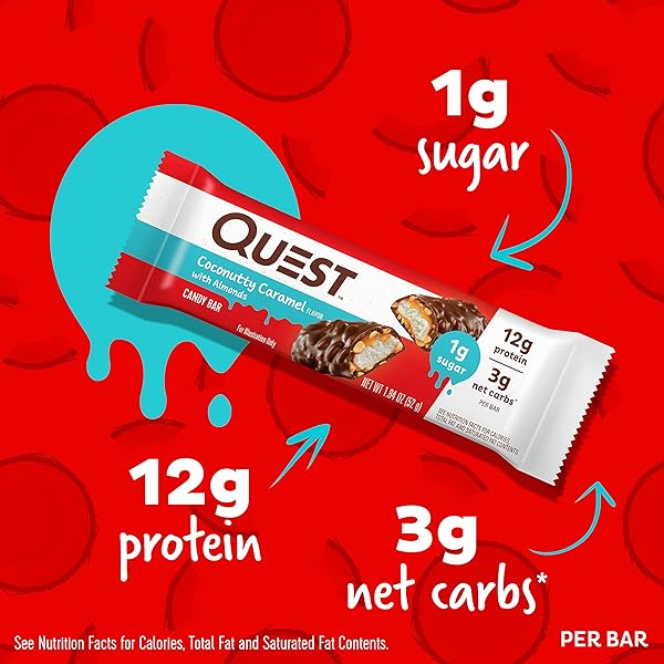 QUEST NUTRITION COCONUTTY CARAMEL CANDY BARS, 12G OF PROTEIN, 3G NET CARBS, 1G OF SUGAR, GLUTEN FREE, 12 COUNT