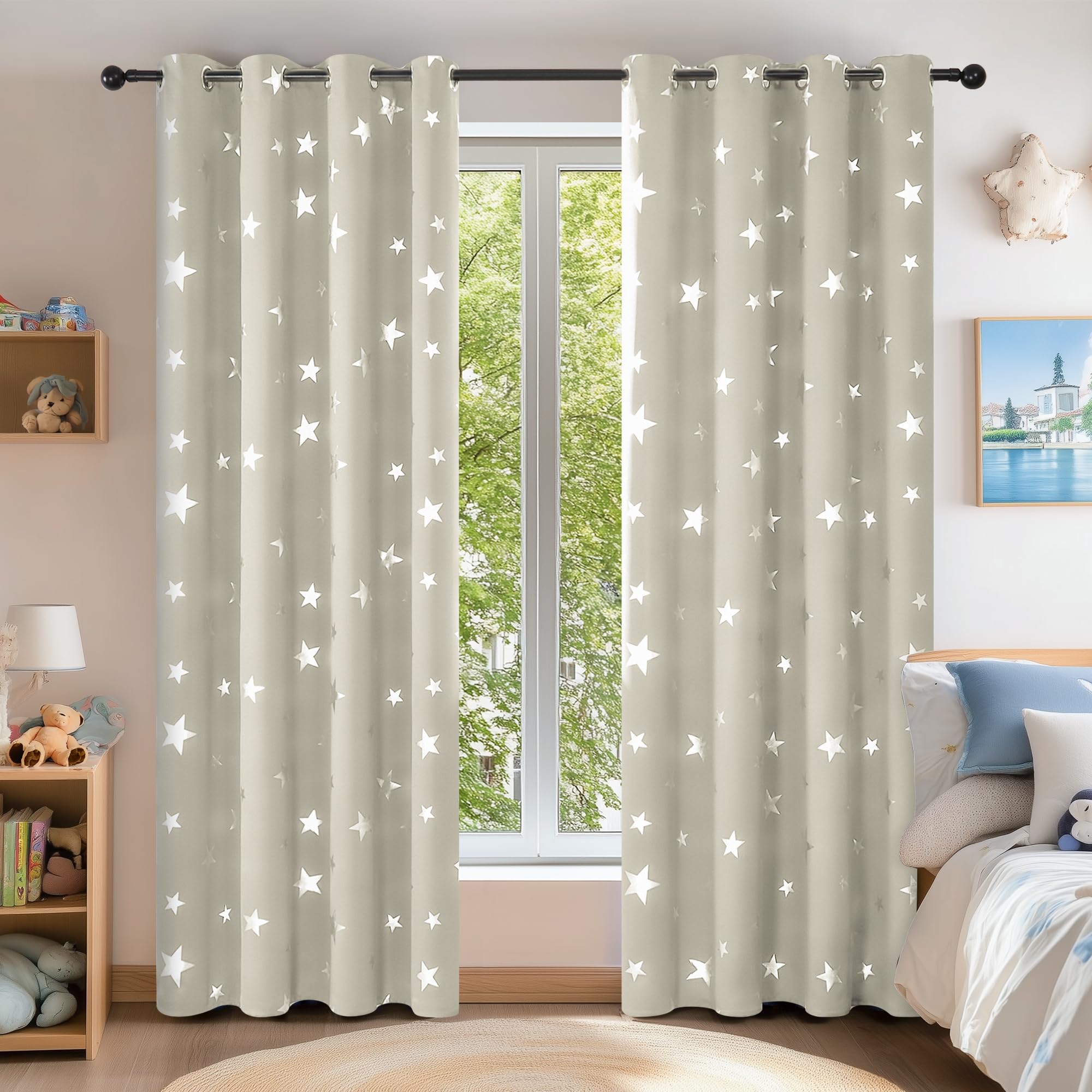 Deconovo Thermal insulated Silver Star Foil Printed Super Soft Window Treatment Blackout Eyelet Curtains for Bedroom 52x72 Inch Light Beige 2 Panels
