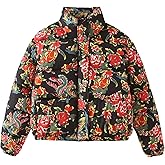 QSfuchuang Women Floral Puffer Jacket Cropped Lightweight Quilted Coat Warm Vintage Boho Streetwear