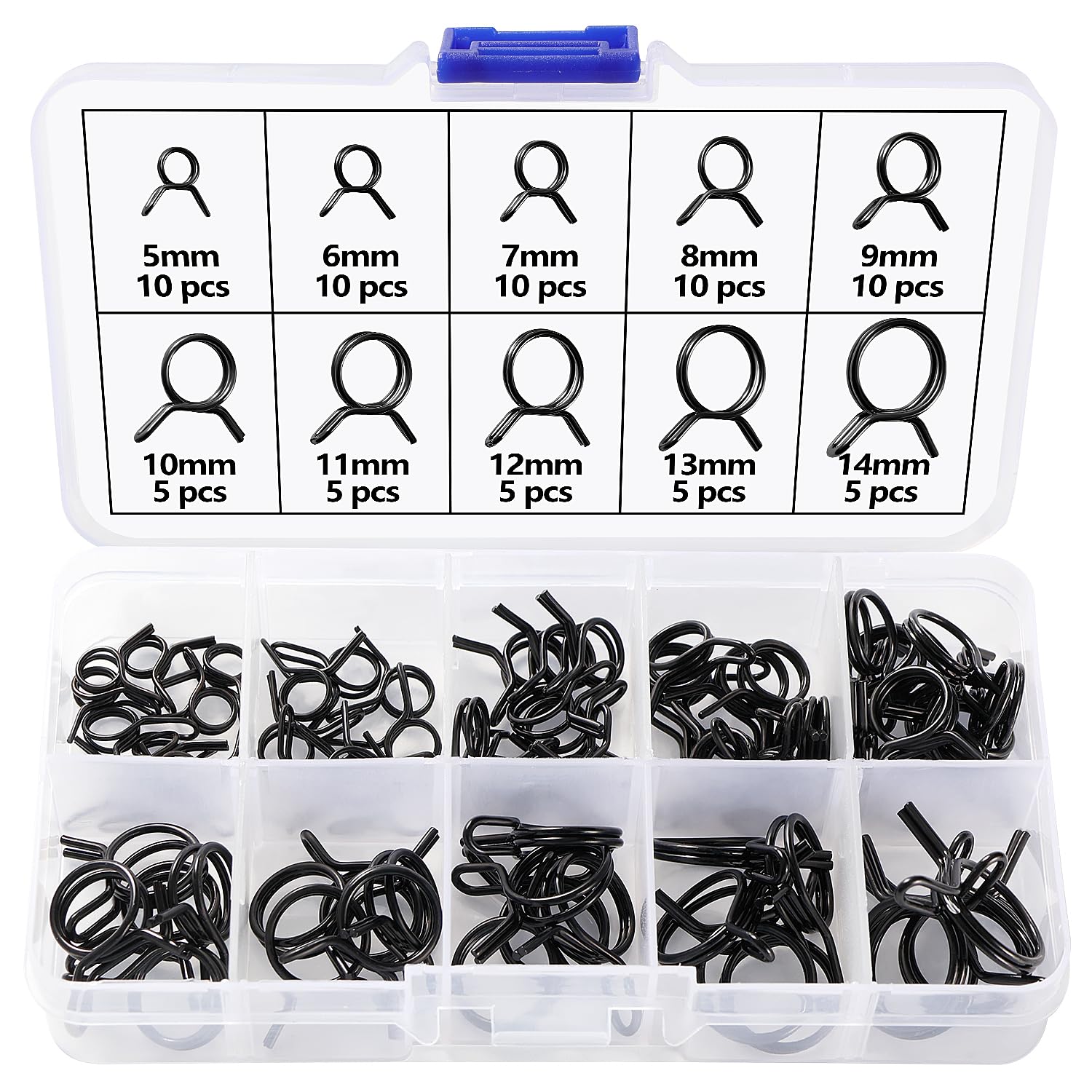 Lyeteung 75 PCS 10 Sizes 5-14 mm Double Wire Spring Hose Clamp Kit, Air Tube Clamps Fastener, Fuel Line Hose Tube Spring Clips, for Air Hose Fuel Pipe Silicone Hose, Black