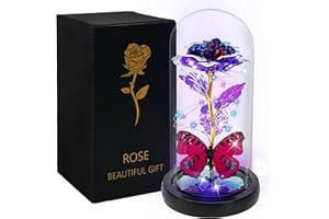 DONODA Rose Flower Gift for Women,Galaxy Glass Rose Crystal Flower Gift Light Up Rose in Glass Dome,Christmas Thanksgiving Valentine's Day Anniversary (Purple (with Butterfly))…