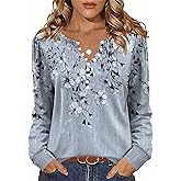 Zeagoo Fall Tops for Women Long Sleeve Button Up Shirts Floral Tunics V Neck Pullover Blouse