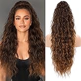 KooKaStyle Ponytail Extension 30 Inch Drawstring Pony Tails Hair Extensions for Women Long Curly Ponytail Synthetic Hairpieces for Daily Use(Omber Almand Brown)