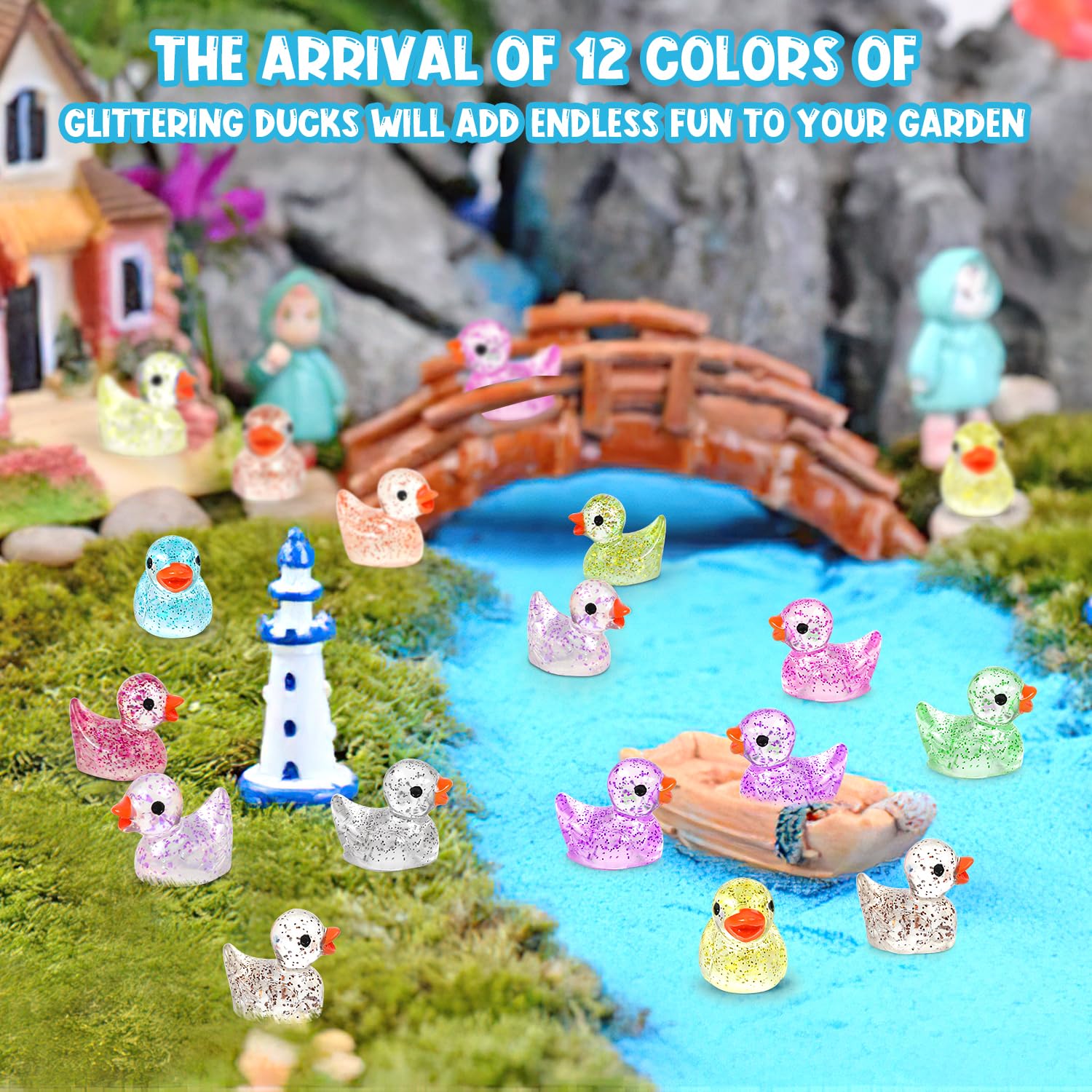 120 Pcs Glitter Mini Resin Ducks 12 Colors Little Duck Figures Tiny Ducks for DIY Garden Micro Landscape Aquarium Potted Dollhouse Decoration Decor