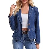 CIMUK Women's Denim Jacket Notched Lapel Collar Long Sleeve Button Lightweight Fitted Denim Blazer