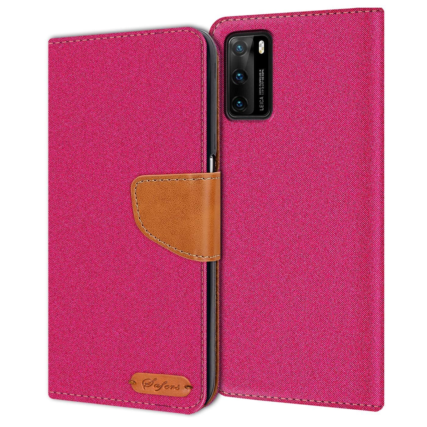 Verco Phone Wallet Case compatible with the Huawei P40, Canvas Faux Leather Book Cover for the P40 Flip Case Bag Hinged - Pink