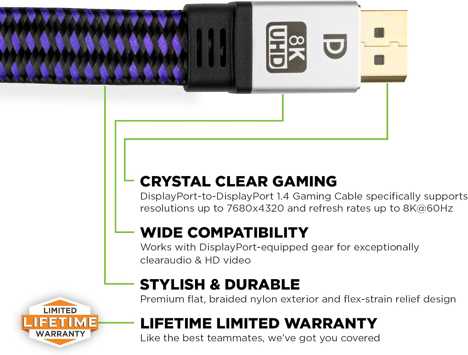 KontrolFreek DisplayPort 1.4 Cable 12ft (3.6m), Nylon Braided 8K DP to DP Gaming Cable (8K@60Hz, 4K@144Hz and 1080P@240Hz) - Image 5