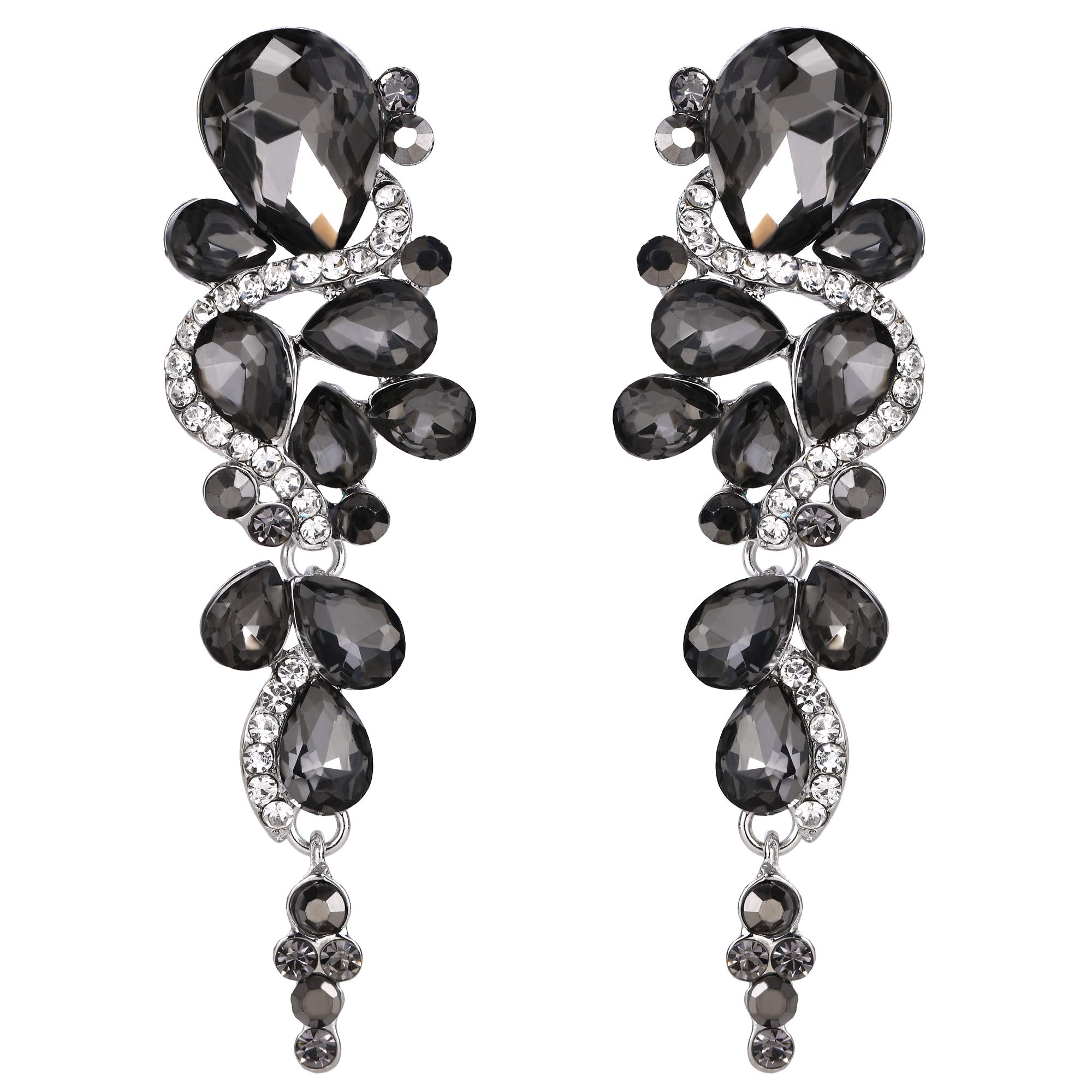 Clearine Bohemian Boho Statement Crystal Diamante Teardrop Cluster Long Drop Clip-On Chandelier Dangle Earrings Wedding Bridal Costume Jewellery Grey Silver-Tone