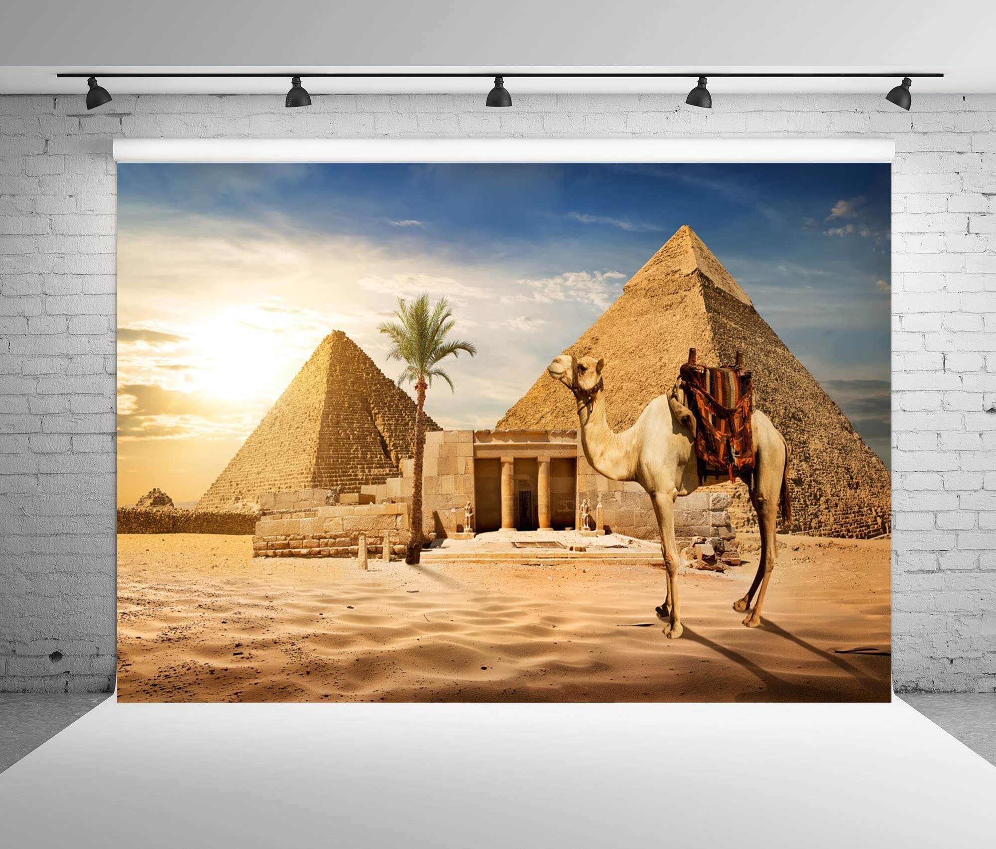 BELECO 2.1x1.5m Fabric Egypt Pyramids Backdrop Photography Ancient Egyptian Pyramid Camel Backdrop Giza Desert Scene Coconut Tree Sunset Sky Scenery Egypt Party Supplies Studio Photo Shoot