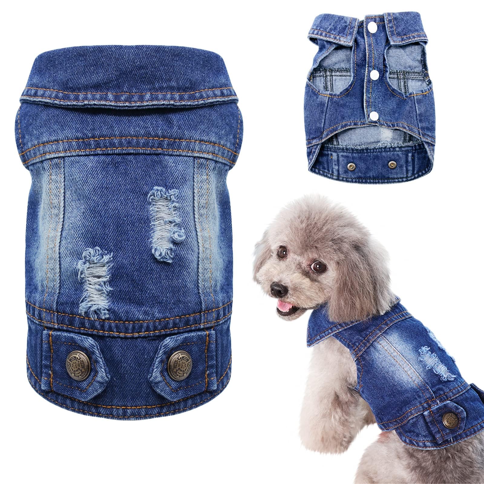SILD Pet Clothes Dog Jeans Jacket Cool Blue Denim Coat For Small Medium Dogs Lapel Vests Classic Hoodies Puppy Blue Vintage Washed Clothes (L)
