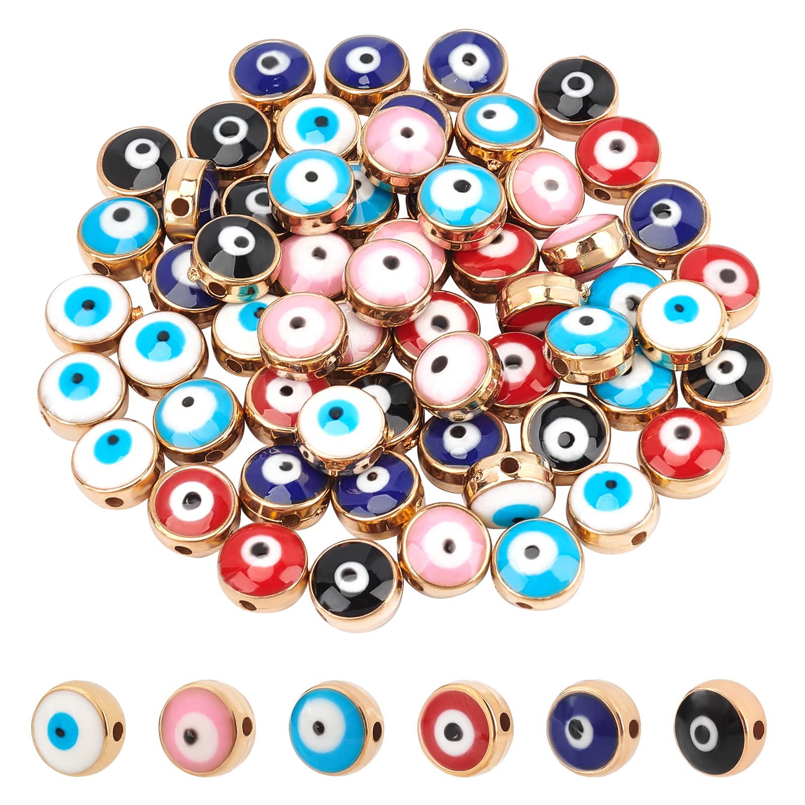 NBEADS 60 Pieces Acrylic Evil Eye Beads, 7.5mm Flat Round Opaque Gold Plated Evil Eye Charms for DIY Jewellery Making, 6 Assorted Colors
