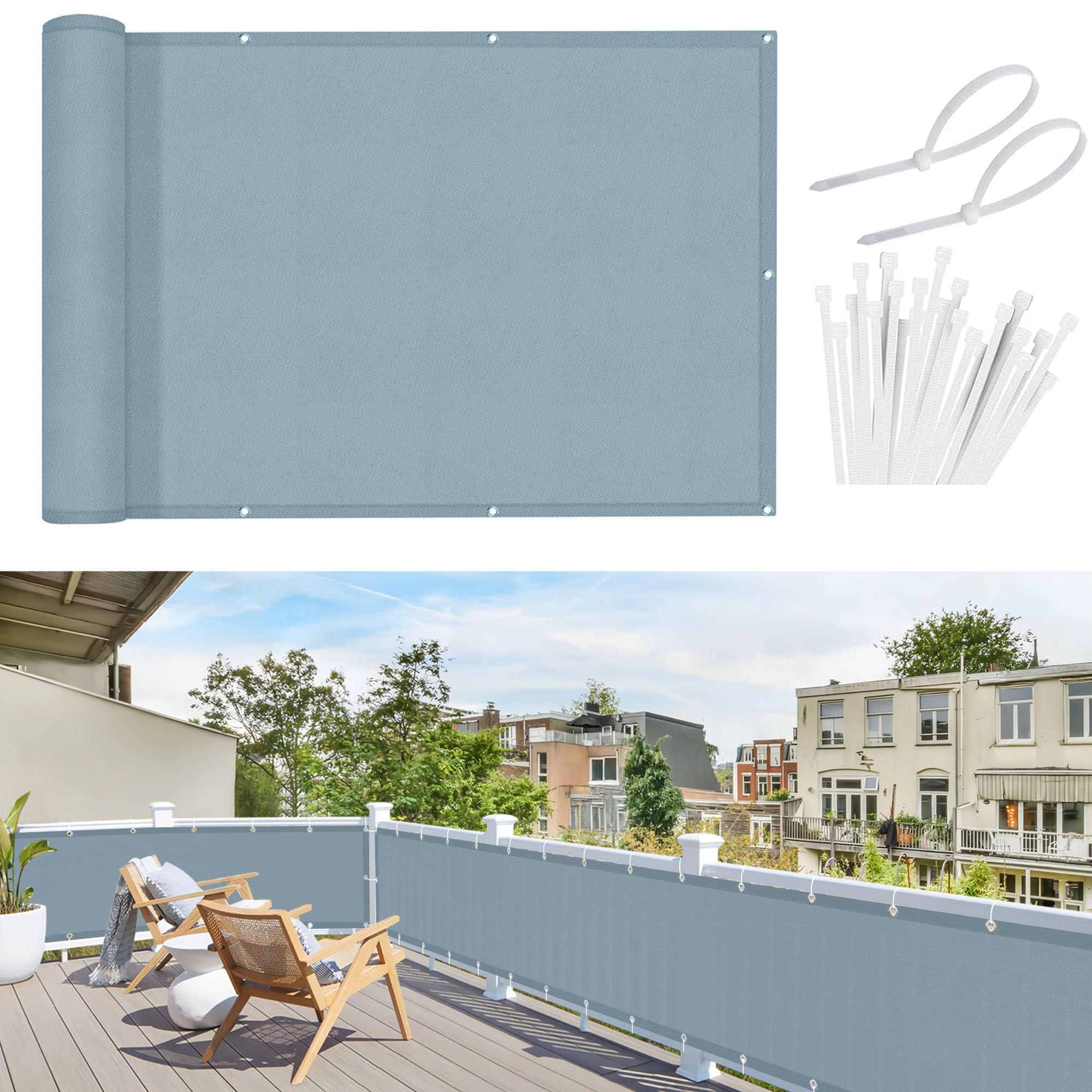 Sunnylaxx Balcony Privacy Screen 90x600 cm Fence Screen for Balcony and Patio,Balcony Cover, PES(170g/㎡) Water-Repellent Wind Protection,with Rope and Aluminium Eyelets Light Blue