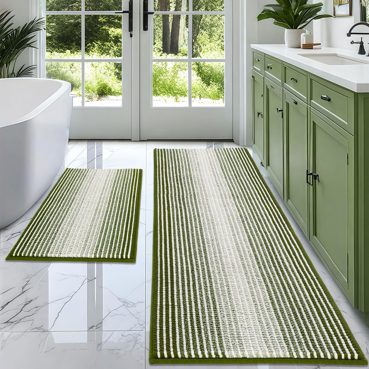 Photo 1 of BSICPRO Bathroom Rugs and Mats Sets, 2 Piece Thick Absorbent Chenille Bath Mat Rug Set Non Slip, Soft Shaggy Bath Room Floor Mats for Bathroom, Machine Washable (Sage, 20" x 60" Plus 20" x 32")