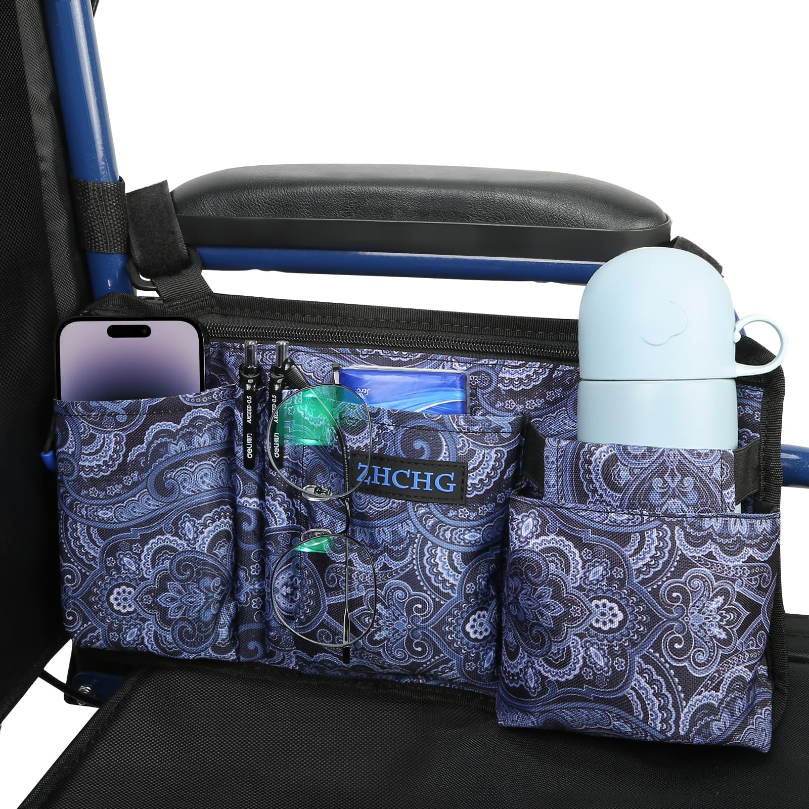 Photo 1 of ZHCHG Wheelchair Side Bag with Cup Holder, Wheelchair Armrest Pouch Accessories for Walker, Rollator, Electric Scooter Wheelchairs, Ideal Gift for Mother's Day & Father's Day- Navy
