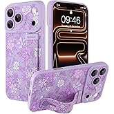 Ovcuqul Compatible with iPhone 17 Pro Max Case with Strap, Cute Floral Design for Women Girls, Soft TPU Silicone Protective Case, Adjustable Wristband Kickstand Raised Camera Protection Cover, Purple