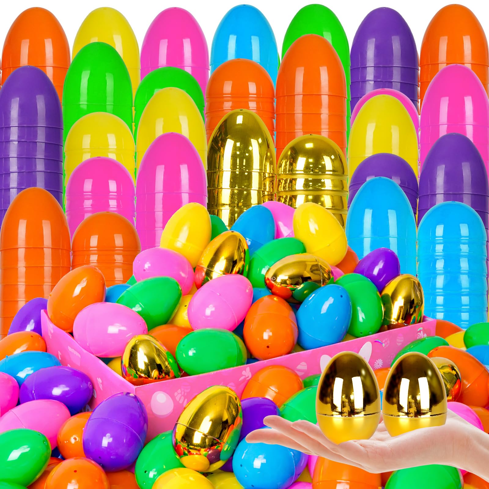 Photo 1 of ***FACTORY SEALED***Olixmlya [12 Golden Eggs] 1000 PCS 2.4" Fillable Plastic Easter Eggs Empty, Premium Refillable Eggs Easter Hunt Treats - Easter Basket Stuffers & Egg Hunt Surprise Gift for Kids