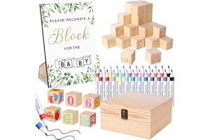 Pydeeirom Baby Shower Blocks Game Set with Wooden Box, Acrylic Markers & Wooden Sign for Baby Shower Games, Gender Reveal & Decorations (GreenLeaves)