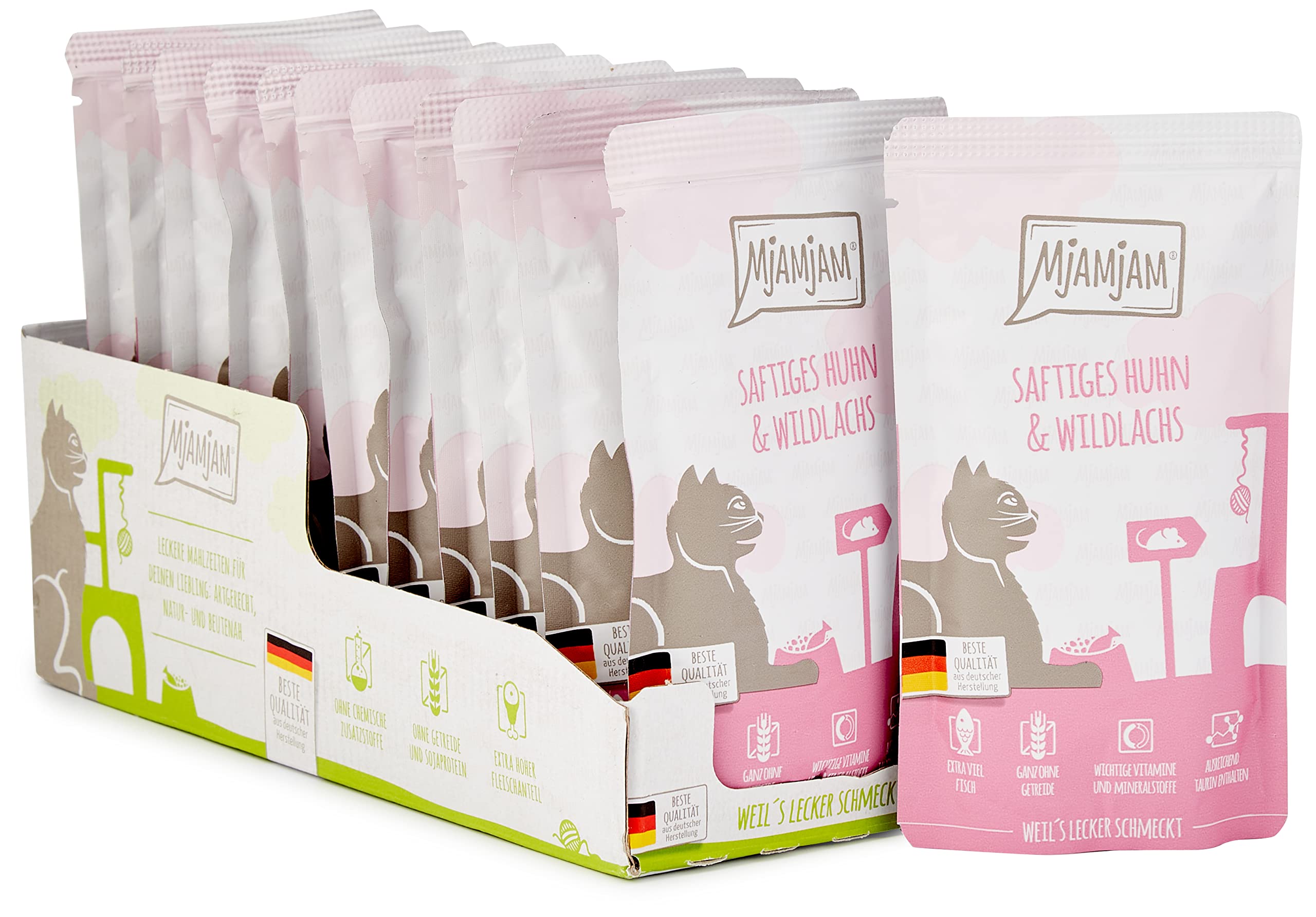 MjAMjAM - premium wet food for cats - juicy chicken and wild salmon, pack of 12 (12 x 125 g), grain-free with extra meat