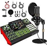 Podcast Equipment Bundle with 3.5mm Condenser Microphone and Live Sound Card Audio Mixer, Sound Board with Voice Changer, Pod