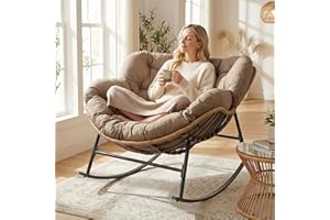 RADIATA Rocking Papasan Chair Outdoor with Cushion, Oversized Extra Large Padded Patio Lounge Chairs, Deep Wide Royal Rocking Chair with 450 lbs Capacity for Backyard, Outside, Garden, Lawn, Brown