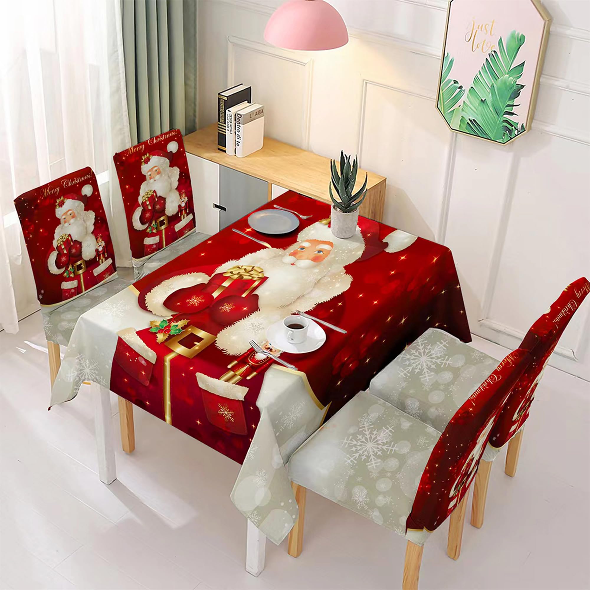 Trimming Shop Red Christmas Chair Covers & Tablecloth Set, Premium Polyester Table Cover and Chair Protector, Stretch Removable Washable Dining Table Cloth & Slipcovers for Christmas Party
