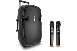 Pyle 1600 Watt, 15" Bluetooth PA Speaker-Indoor/Outdoor Portable Sound System with (2) UHF Wireless Microphones Rechargeable Battery, Audio Recording, USB/SD Readers, FM Radio (PPHP1535WMU),Black
