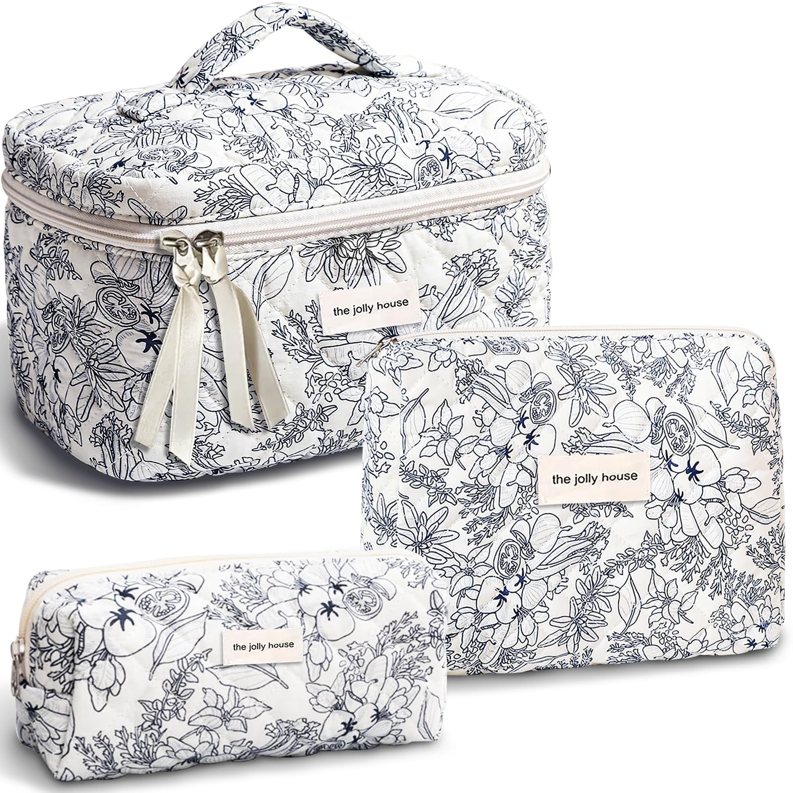 TOPALL Floral Cotton Quilted Makeup Bag - Classic Toiletry Cosmetic Pouch for Women Girls - Cyan Flower (Large + Medium + Pouch) — image 1