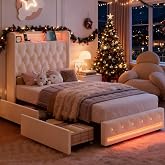 HIFIT Upholstered Twin LED Bed Frame with Storage, Charging Headboard,Beige | Velvet Crystal Button-Tufted Princess Twin Size Platform Bed, 2 Drawers, No Box Spring Needed, Noise-Free, Twin Bed for Girls