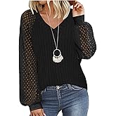 Zanvylia Womens V Neck Sweaters Pullover Casual Spring Fall Tunic Tops Loose Fit Lace Long Sleeve Fashion Shirts 2025
