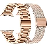 TRUMiRR Band Sets for Apple Watch 11 10 42mm / 9 8 7 41mm Rose Gold Women, 2 Pack Solid Stainless Steel Watchband + Mesh Strap for iWatch SE 3 2 Series 6 5 4 3 2 1 40mm 38mm