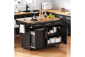59.3 Inch Mobile Kitchen Island Cart with Rubber Wood Top, Built-in Power Outlet, Drop Leaf Countertop, Tilt-Out Trash Cabine