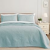 Exclusivo Mezcla Queen Quilt Bedding Set, Lightweight Aqua Blue Quilts Queen Full Size for All Seasons, Soft Microfiber Bedspreads Coverlets Bed Cover with Leaf Pattern, 3 Piece
