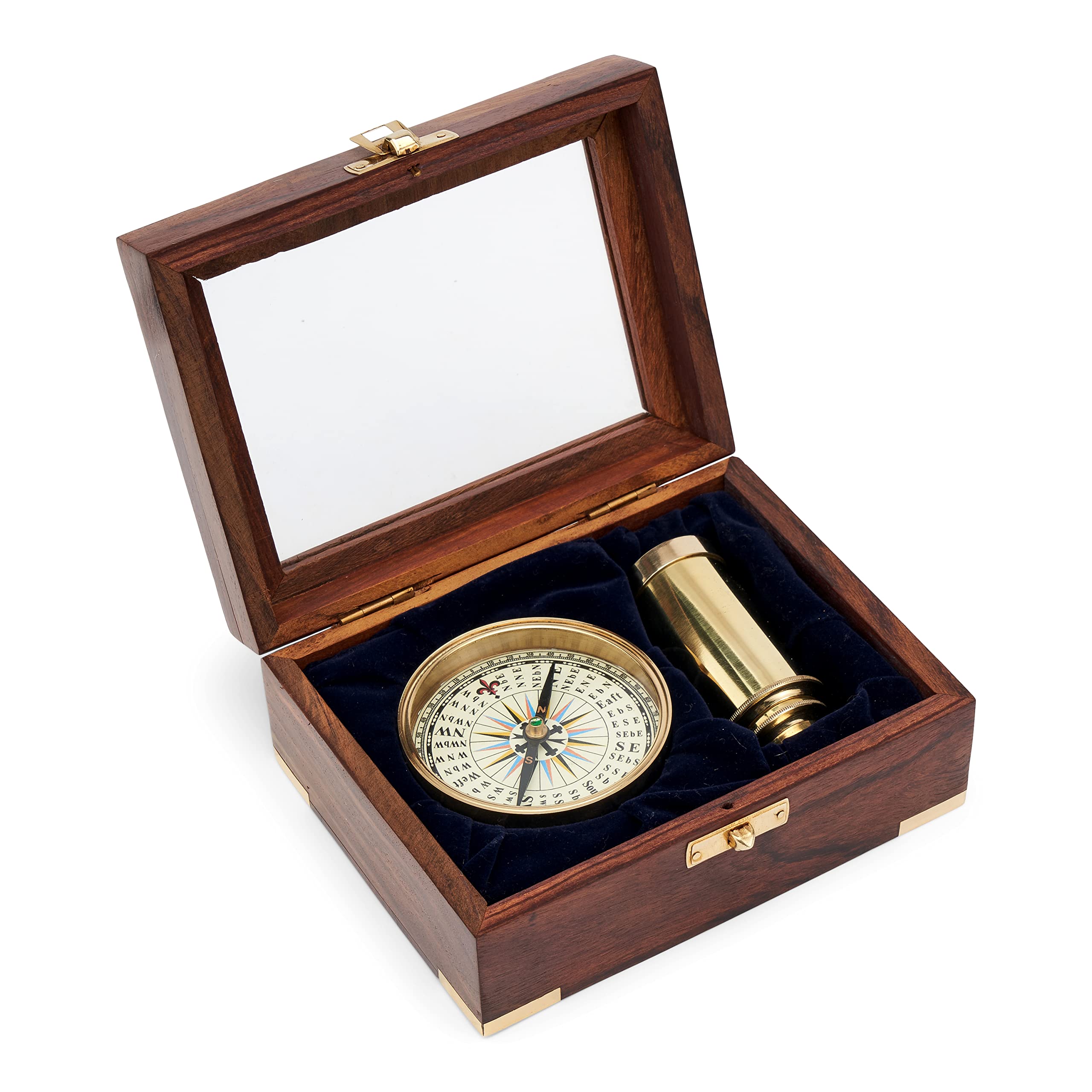 NKlaus Marine Set Brass Compass, Telescope with Aluminium Material, Portable, 16 x 12 x 7 cm Box, 3.2 oz, 7 cm Compass Diameter, 1.4 cm Compass Height, 3.2 oz Binoculars Weight