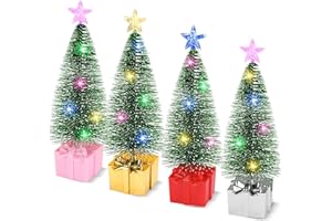 LIFNATTY Christmas Decorations Mini Christmas Tree with Lights, 4 pcs Christmas Decor Indoor, Small Christmas Tree, Christmas Village Trees with String Lights for Home Party Table, Christmas Craft with Star
