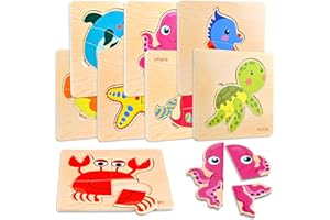 Faburo 8pcs Wooden Puzzles for Toddlers 1-3, Toddler Puzzles Ages 2-4, Montessori Toys for 1-3+ Years Girl Boy, Sea Animal Puzzle for Kids, Jigsaw Puzzle Educational Toys Preschool for 1-4