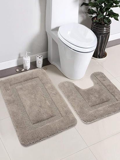 Saral Home Soft Cotton Anti Slip Bathmat Set with Contour- (45x60 cm & 45x50 cm), Grey