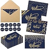 Fumete 72 Sets Bulk Welcome Card Golden for Christmas Guest with Kraft Envelope Sticker Blank 6x4 in Interior Welcomes Note Card Paper Hotel Business Greeting Postcard Wedding Employee Team(Blue)