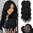 LEEONS Hair Toppers for Women, 20inch Black Wavy Hair Toppers for Women Toppers Hair Pieces for Women with Thinning Hair Synthetic Wig Clip In Hair Topper Wiglets with Fringe Bang, 20INWavyBlack