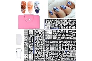 TOROKOM 9Pcs Christmas Nail Art Stamping Plates Set, Nail Stamp Plates Kit Santa Reindeer Snowflake Tree Bell Snowman Design Nail Image Stamp Template with Stamper Scraper Storage Bag