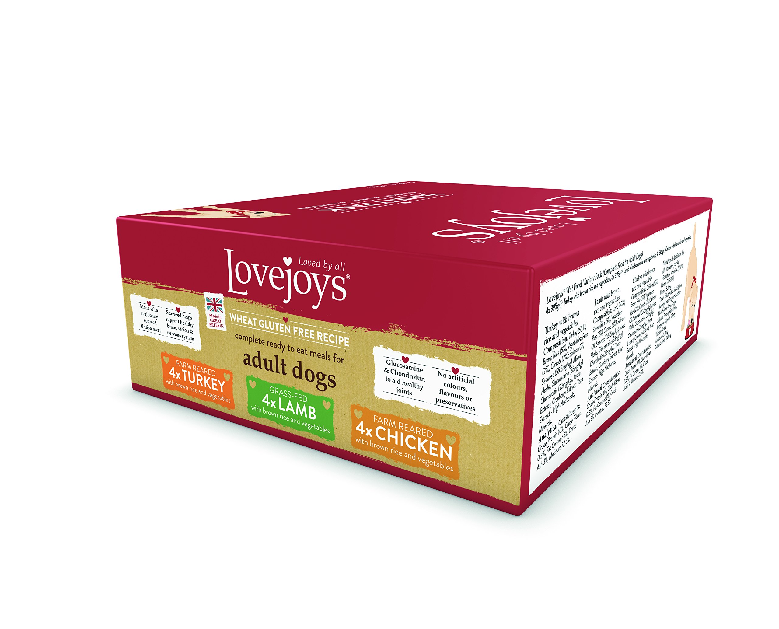 Lovejoys Complete Hypoallergenic Wet Dog Food Trays Variety Pack, 395g (Pack of 12) - Wheat-Free Pate for Dogs with Sensitive Stomachs - 4x Each of Turkey, Chicken, and Lamb Dog Food Wet