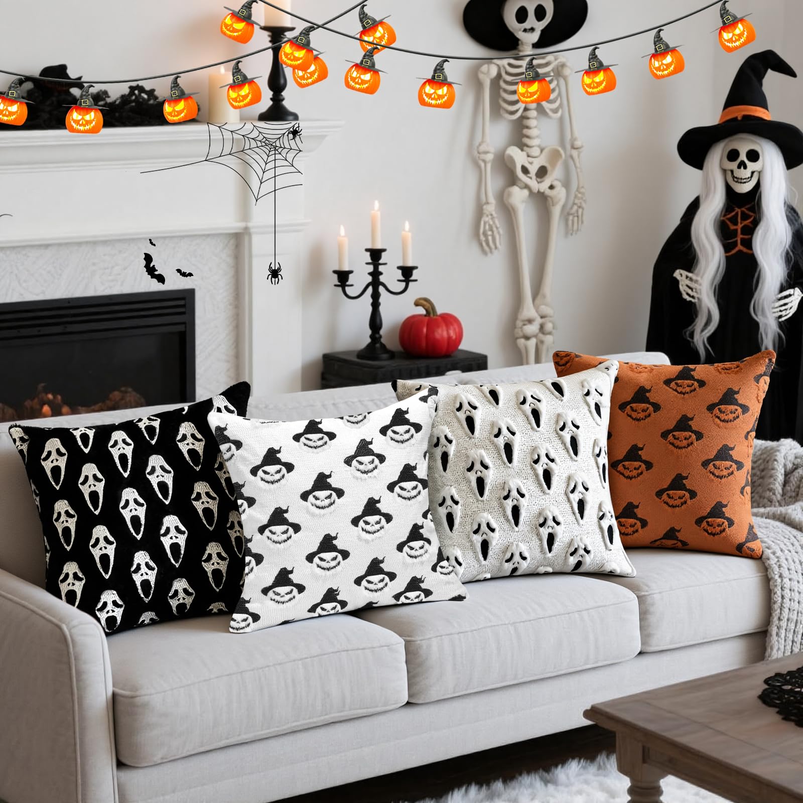 Halloween Scream Ghost Pillow Covers Set of 2, 18x18 Decorative Ghost Throw Pillowcases Soft Plush Faux Wool Cushions for Home Patio Sofa Couch (Ghost Black)
