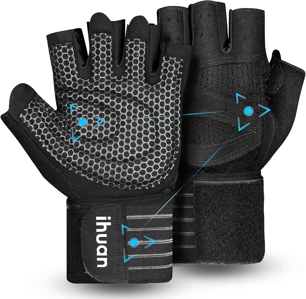 ihuan Ventilated Weight Lifting Gym Gloves with Wrist Wrap Support Medium Black