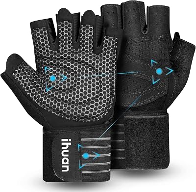 ihuan Ventilated Weight Lifting Gym Gloves with Wrist Wrap Support Medium Black