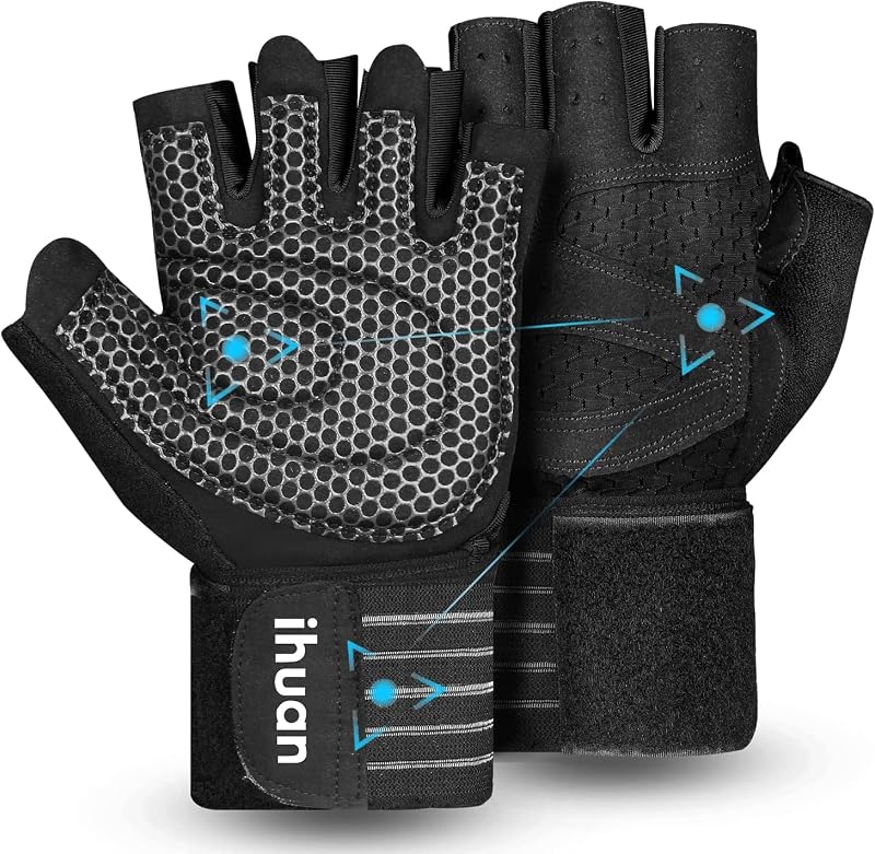 ihuan Ventilated Weight Lifting Gym Gloves with Wrist Wrap Support Medium Black