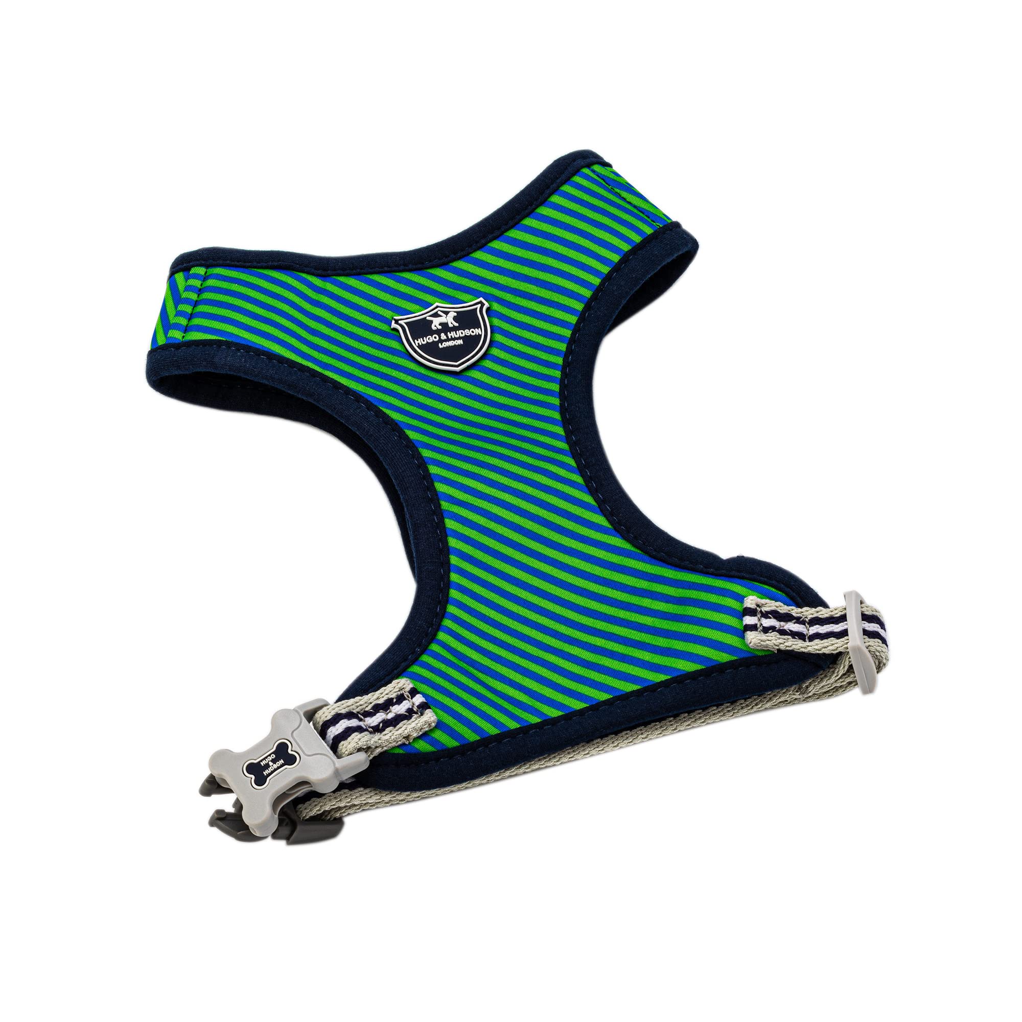 HUGO & HUDSON Dog Harness No Pull Adjustable Fabric Rear Buckle Pet Vest, Navy & Green Striped, XS