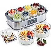 Elite Gourmet ProBioticPRO™ Digital Yogurt Maker, Programmable Temp & Time Control (68–127°F), Includes 8 Glass Jars (6 oz) + 2 Large 1-Qt Bowls, Stainless Steel, Auto Shut-Off