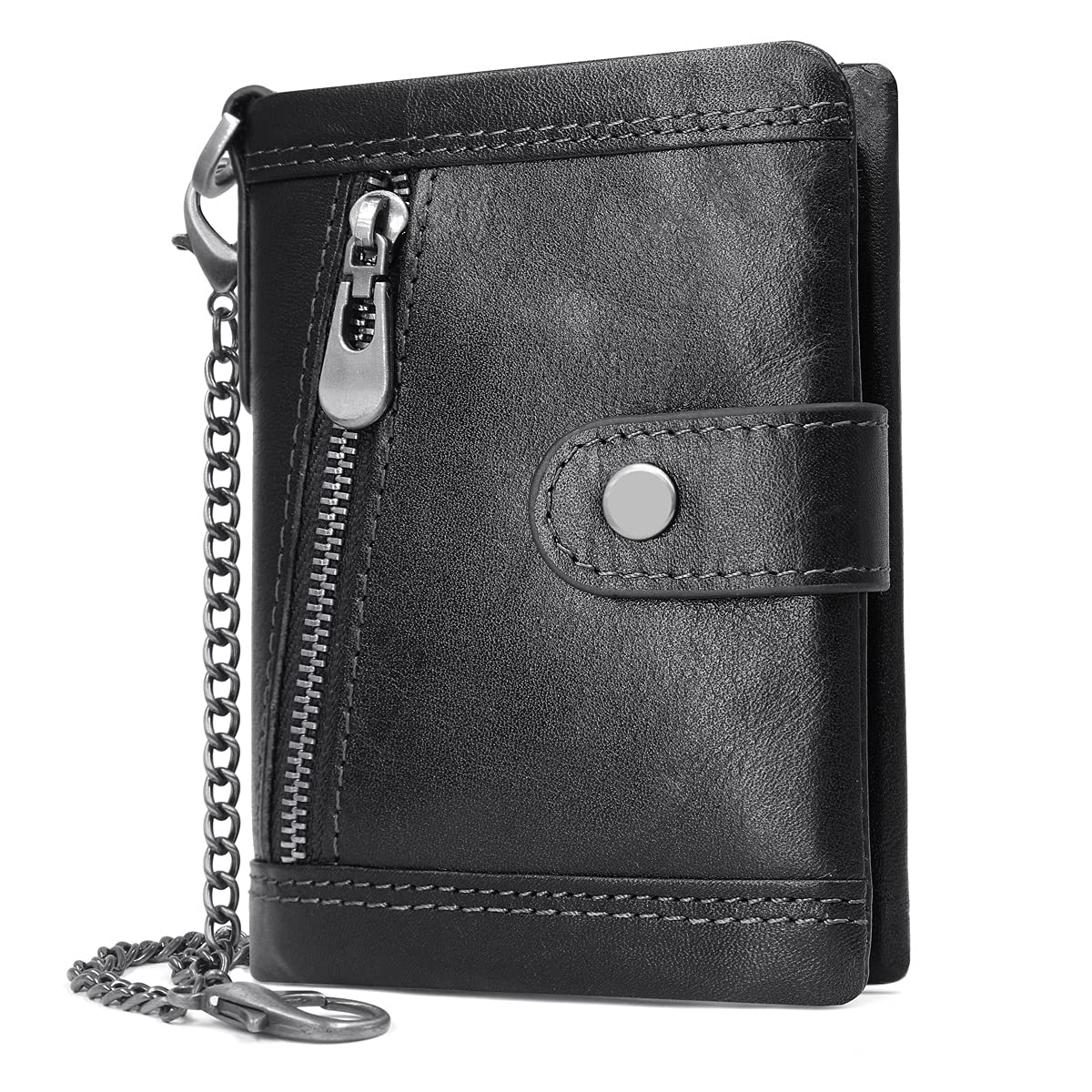 HNOOM Men's RFID Blocking Genuine Leather Wallet – Slim Bifold with Chain, 17 Card Slots & Coin Pocket, Anti-Theft Gift Box Included (Black)