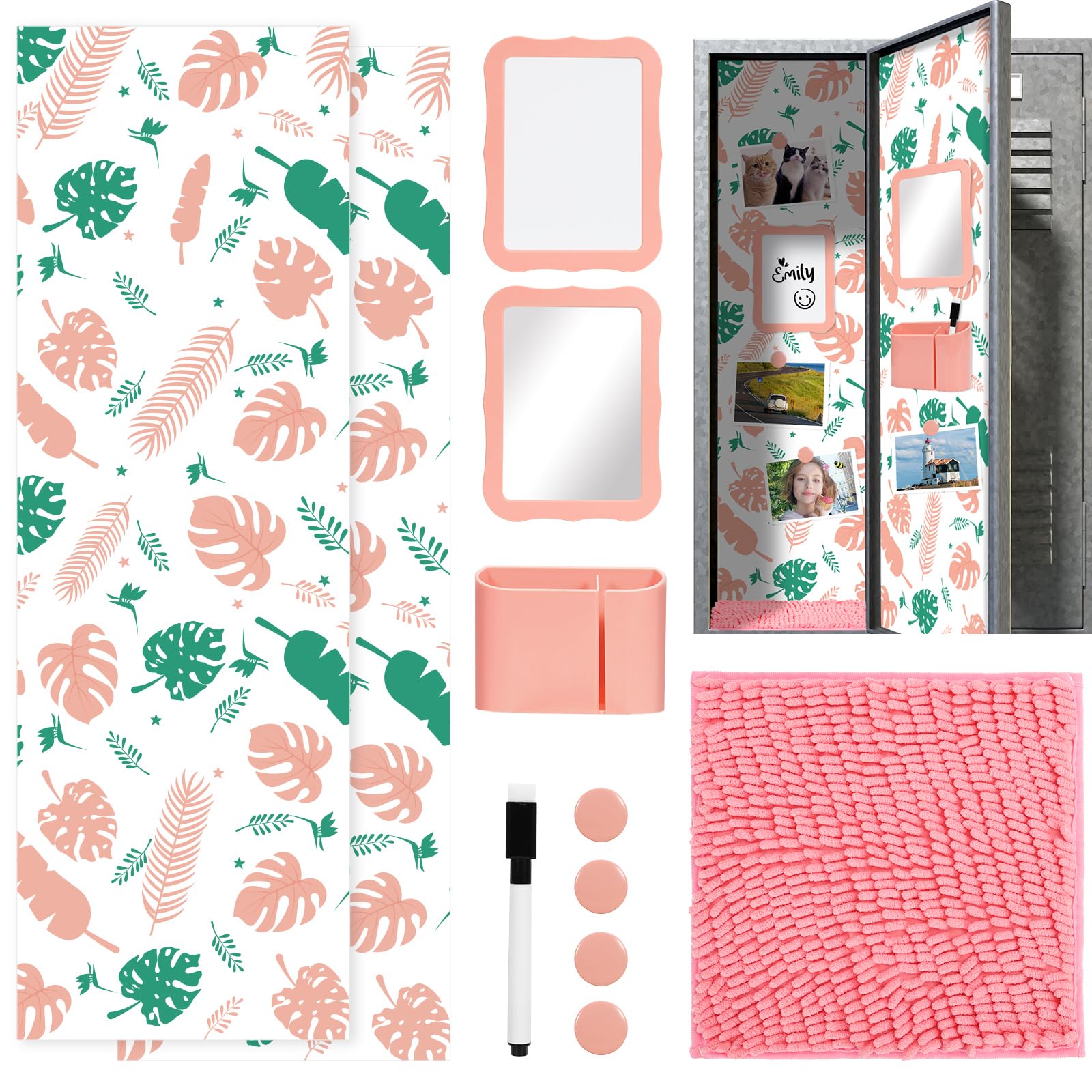 Photo 1 of 11 Pcs Locker Decorations and Organizers Includes Magnetic Locker Wallpaper,Magnetic Mirror,Locker Rug,Magnetic Whiteboard with Marker and Nails,Pencil Holder,Pink Locker Accessories for Girls