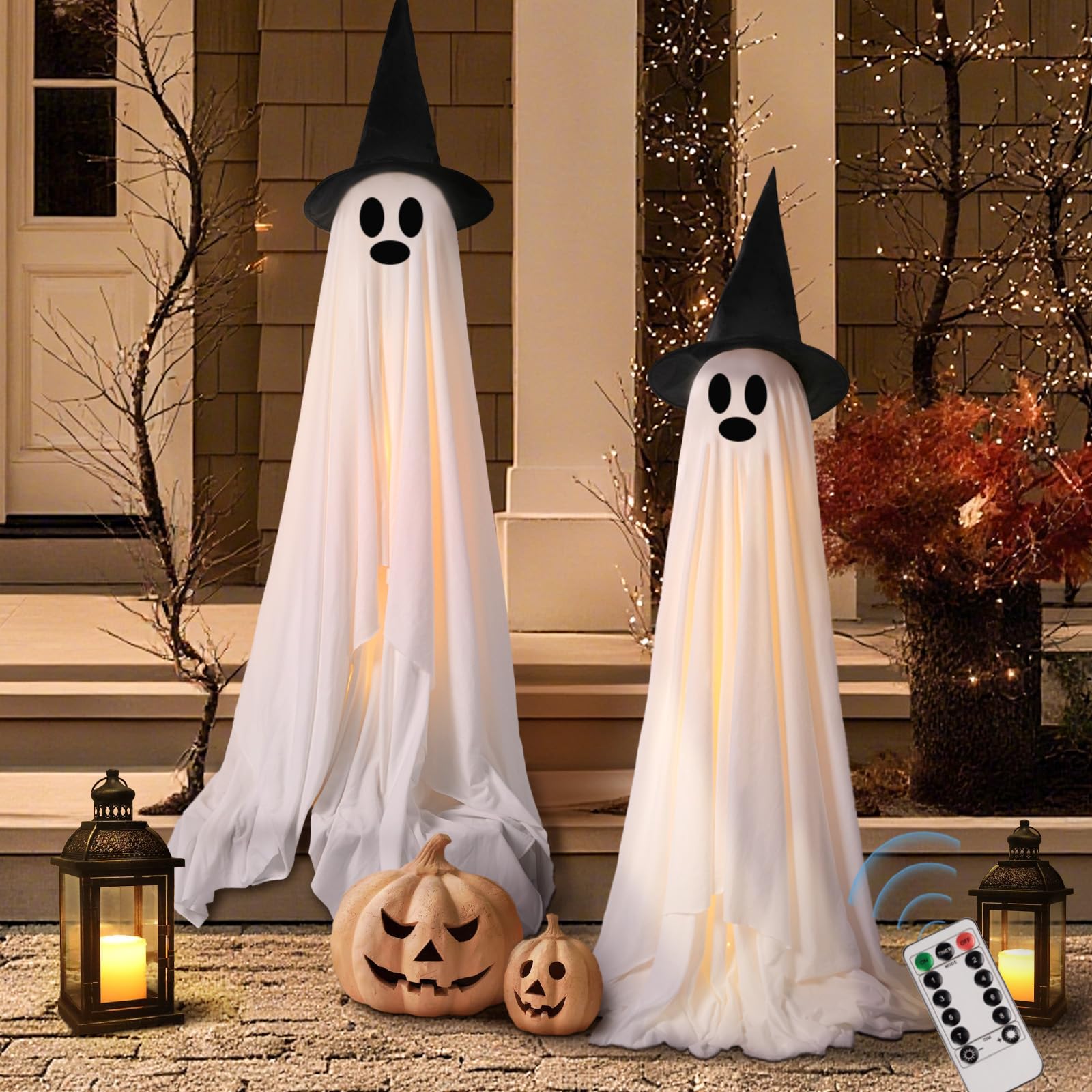Photo 1 of Halloween Decorations Outdoor Indoor Light-Up Spooky Ghosts with LED Light Strip and 2 Witch Hats Scary Standing Ghosts Decor for Indoor Home Front Porch Yard Party (2 Large Standing Ghosts)