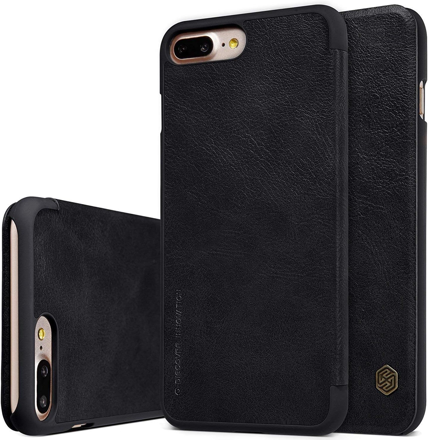 YAAMYA Genuine Leather Flip Cover Wallet Case Magnetic Closure for iPhone 7 Plus iPhone 8 Plus (Black)